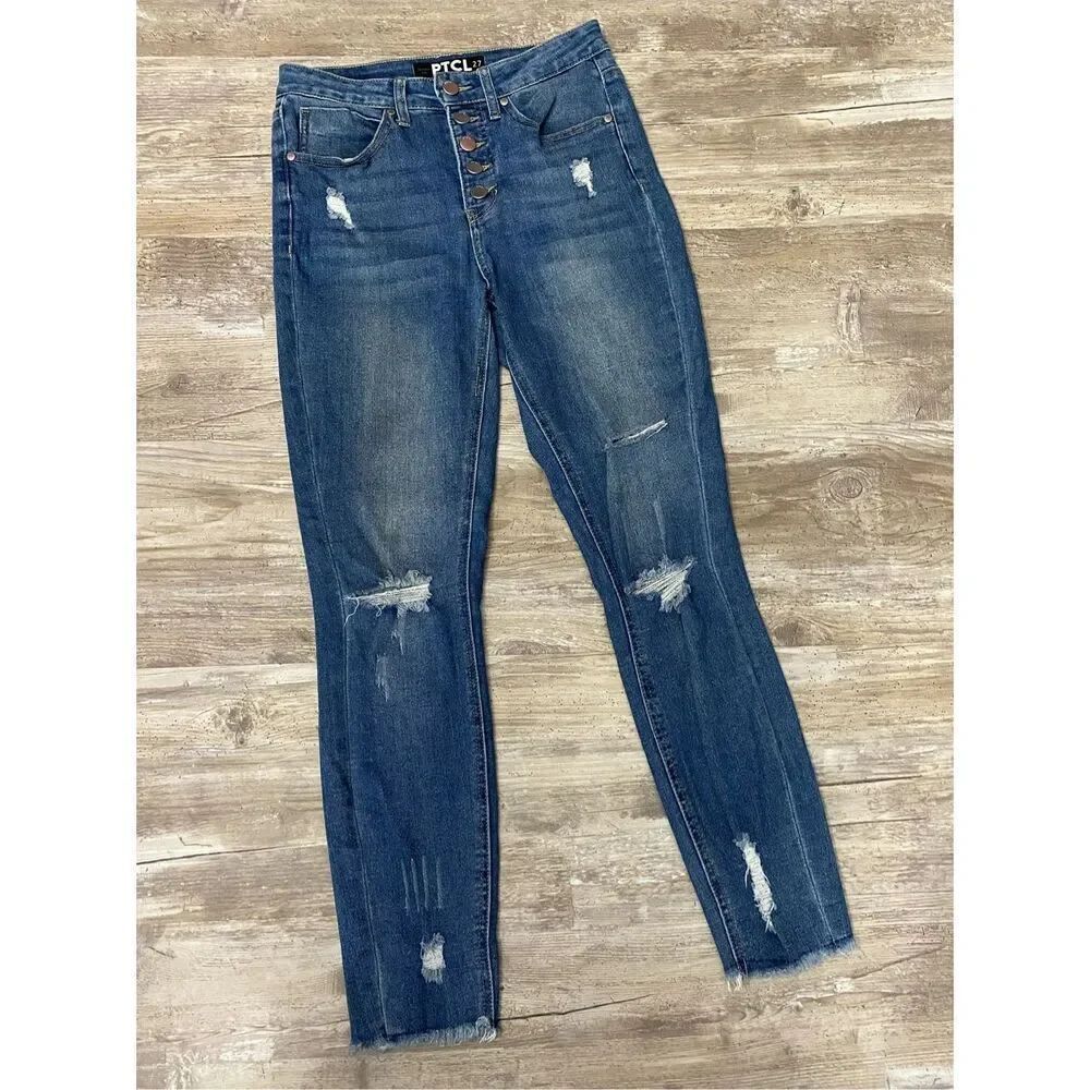 PTCL Skinny Fit Jeans Button Fly Ankle Crop Distressed Raw Hem Women’s Sz 27